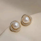 Geometric Rhinestone Pearl Stud Earrings